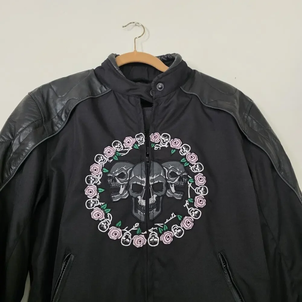 Xelement Skull Moto Jacket Womens L Black Roses Motorcycle Biker Embroidered
